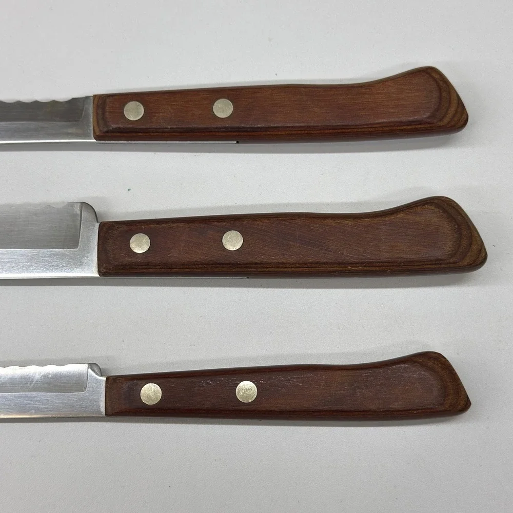 Vintage Flint Stainless Vanadium USA Knife Set of 3 Serrated Wood Handle Cutlery